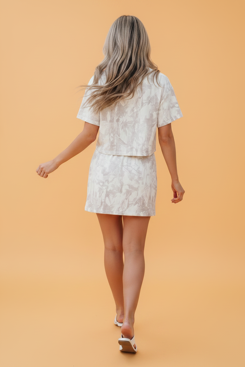 gray woodland camo raw edge cropped top and skirt set for women