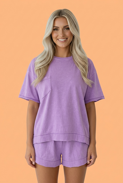 Oversized Raw Edge Patch Pocket Top & Shorts Set Pretty Bash women's boutique top from Mollie Mae Boutique