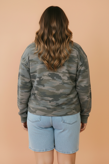 Green Plus Size Camo Crew Neck Sweatshirt with a classic crew neck, camo print, and relaxed plus-size comfort, boutique fashion