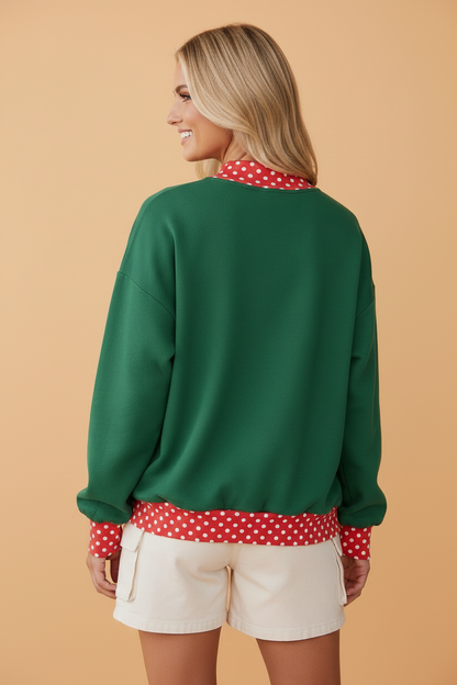 Polka dot colorblock long sleeve sweatshirt with contrast trim and relaxed tunic fit