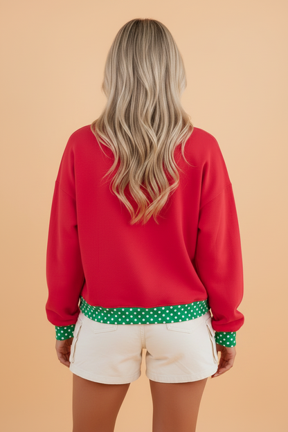 Polka dot colorblock long sleeve sweatshirt with contrast trim and relaxed tunic fit