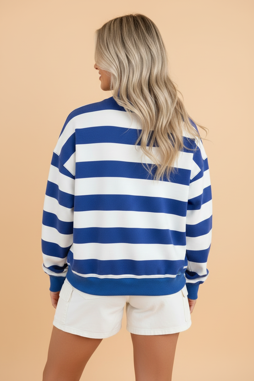 Blue Stripe blue stripe colorblock mock neck sweatshirt with boutique fashion styling