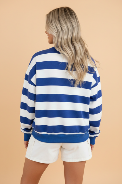 Blue Stripe blue stripe colorblock mock neck sweatshirt with boutique fashion styling