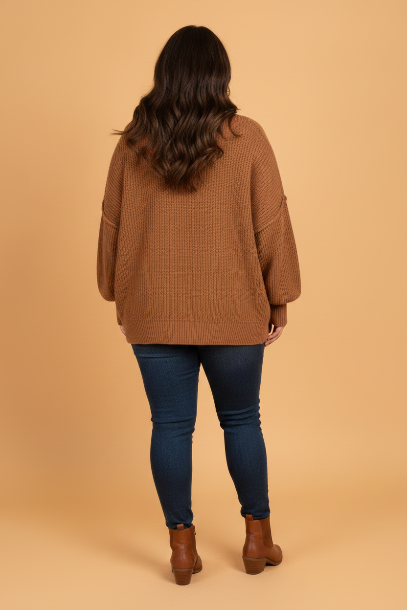 Chestnut plus size chestnut ribbed trim oversized sweater with boutique fashion styling