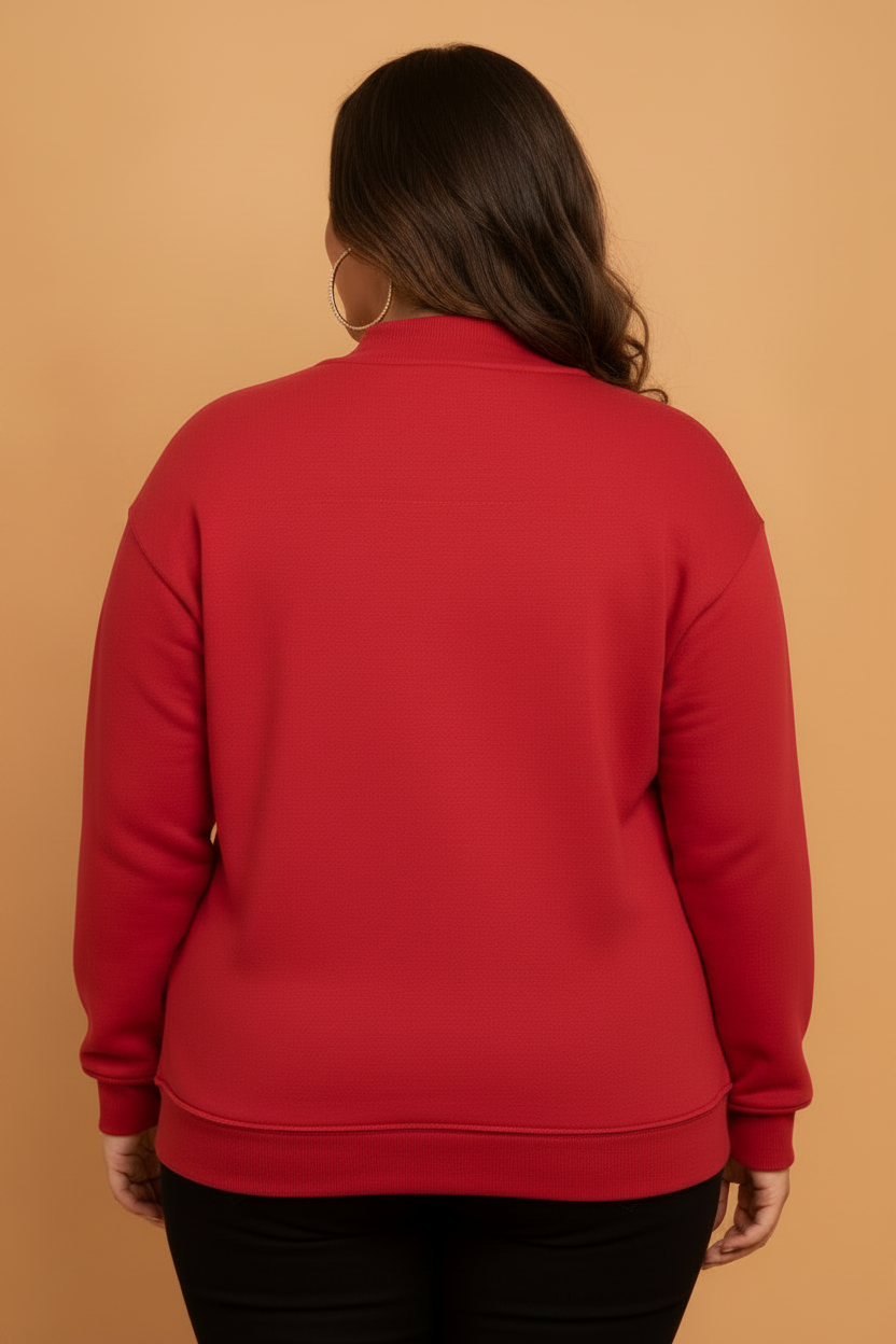 Racing Red plus size reversible exposed seam mock neck sweatshirt with boutique fashion styling