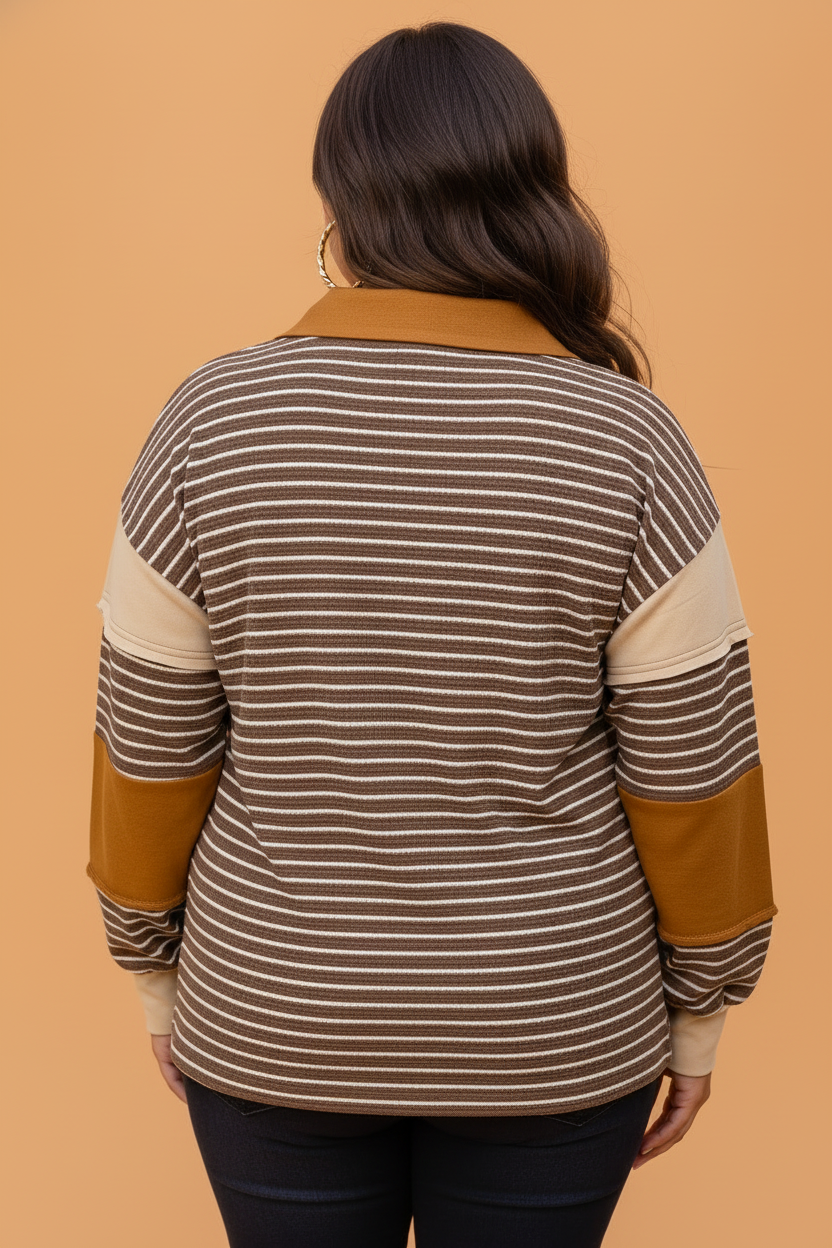 Brown Stripe plus size stripe colorblock v-neck long sleeve top with striped colorblock sleeves, V-neckline and relaxed fit, women’s boutique fashion