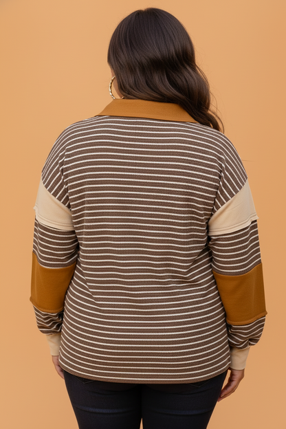 Brown Stripe plus size stripe colorblock v-neck long sleeve top with striped colorblock sleeves, V-neckline and relaxed fit, women’s boutique fashion