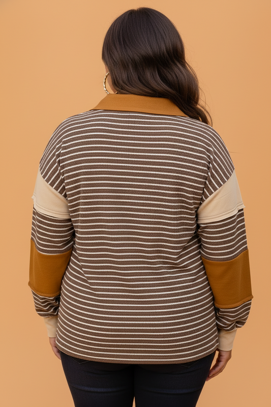 Brown Stripe plus size stripe colorblock v-neck long sleeve top with striped colorblock sleeves, V-neckline and relaxed fit, women’s boutique fashion
