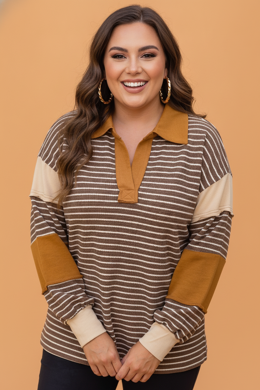 Brown Stripe plus size stripe colorblock v-neck long sleeve top with striped colorblock sleeves, V-neckline and relaxed fit, women’s boutique fashion