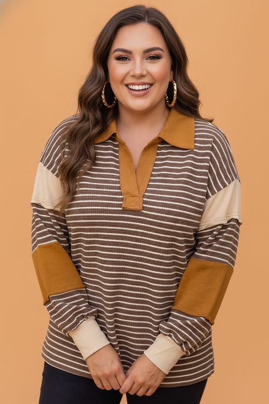 Brown Stripe plus size stripe colorblock v-neck long sleeve top with striped colorblock sleeves, V-neckline and relaxed fit, women’s boutique fashion