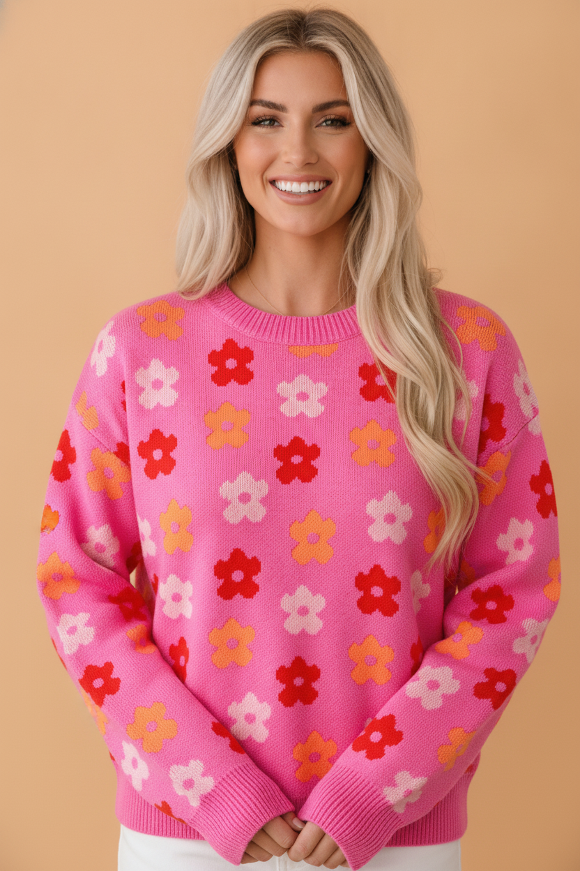 Rose floral drop shoulder ribbed trim sweater with allover floral pattern, drop shoulders and ribbed trim, women’s boutique fashion