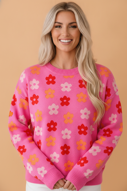 Rose floral drop shoulder ribbed trim sweater with allover floral pattern, drop shoulders and ribbed trim, women’s boutique fashion