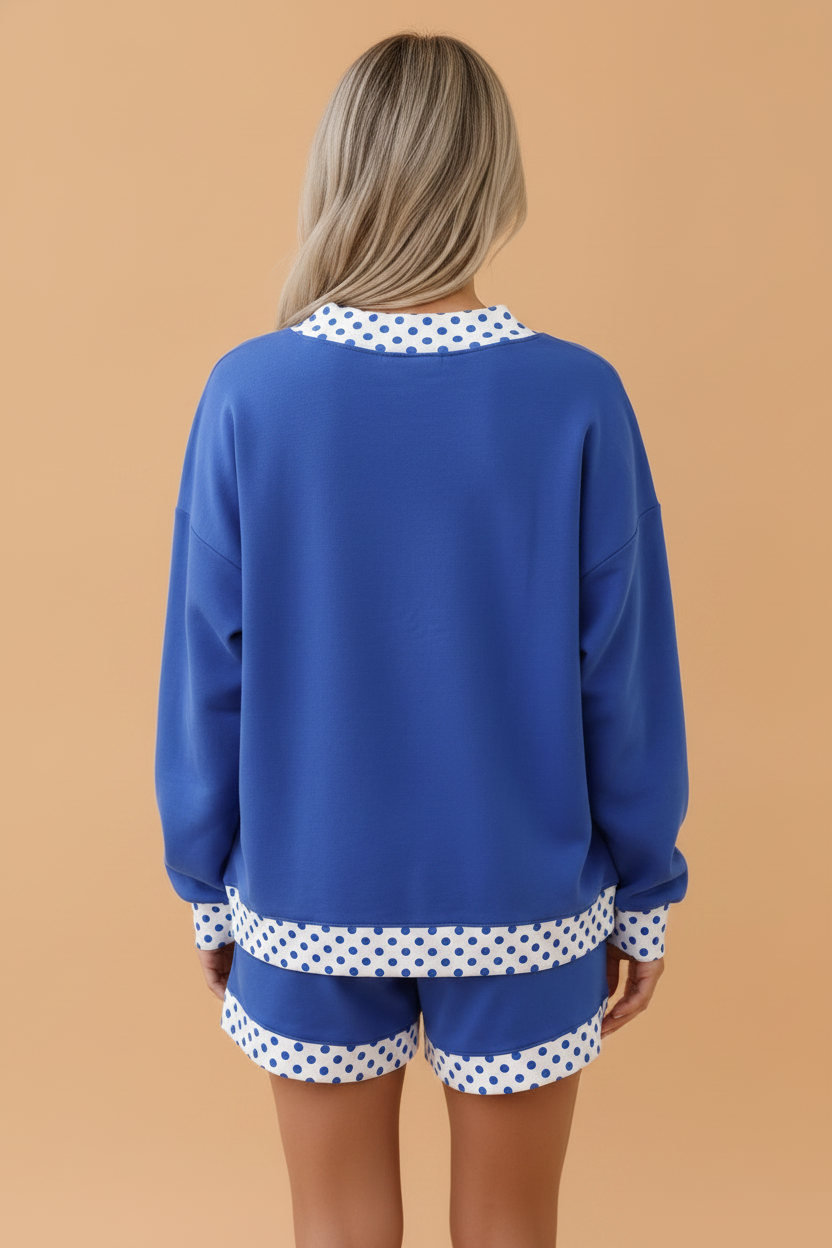 Dark Blue polka dot contrast trim sweatshirt & shorts set with polka dot print, contrast trim, pullover sweatshirt and matching shorts, women’s boutique fashion