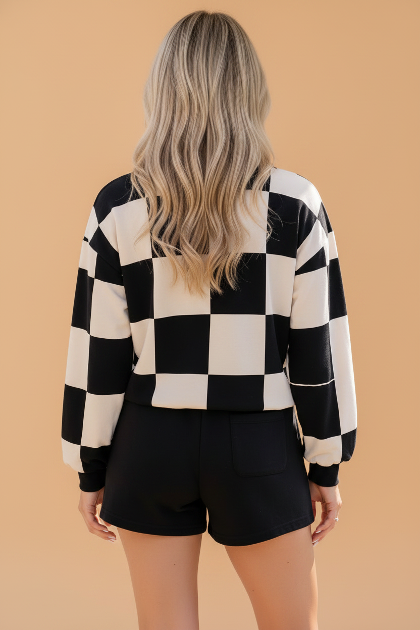 Khaki Checker Long Sleeve Top & Drawstring Shorts Set featuring boutique-style details and relaxed everyday fit