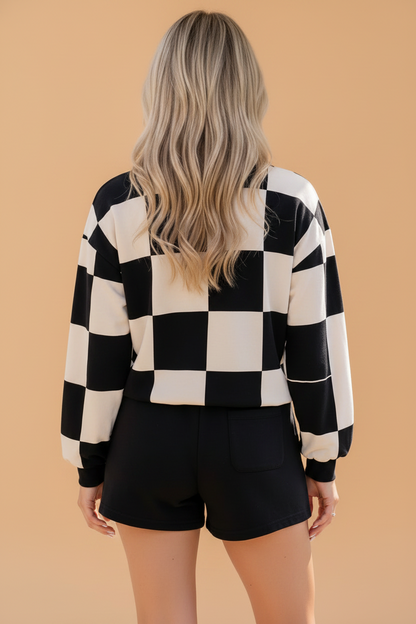 Khaki Checker Long Sleeve Top & Drawstring Shorts Set featuring boutique-style details and relaxed everyday fit