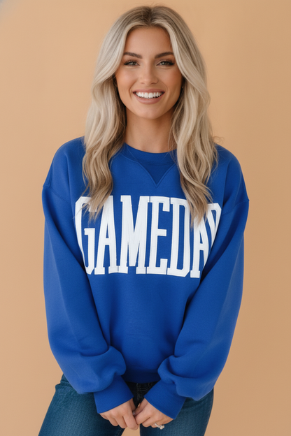 Sky Blue Game Day Embroidered Patch Long Sleeve Sweatshirt with embroidered detail women's boutique fashion