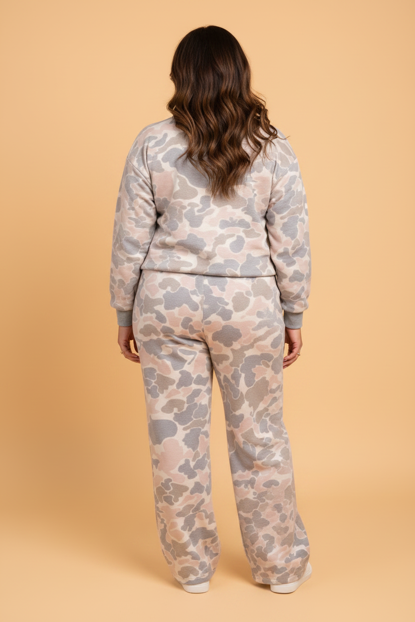 Camo Plus Size Camo Long Sleeve Top & Elastic Waist Pants Set with camo print women's boutique fashion