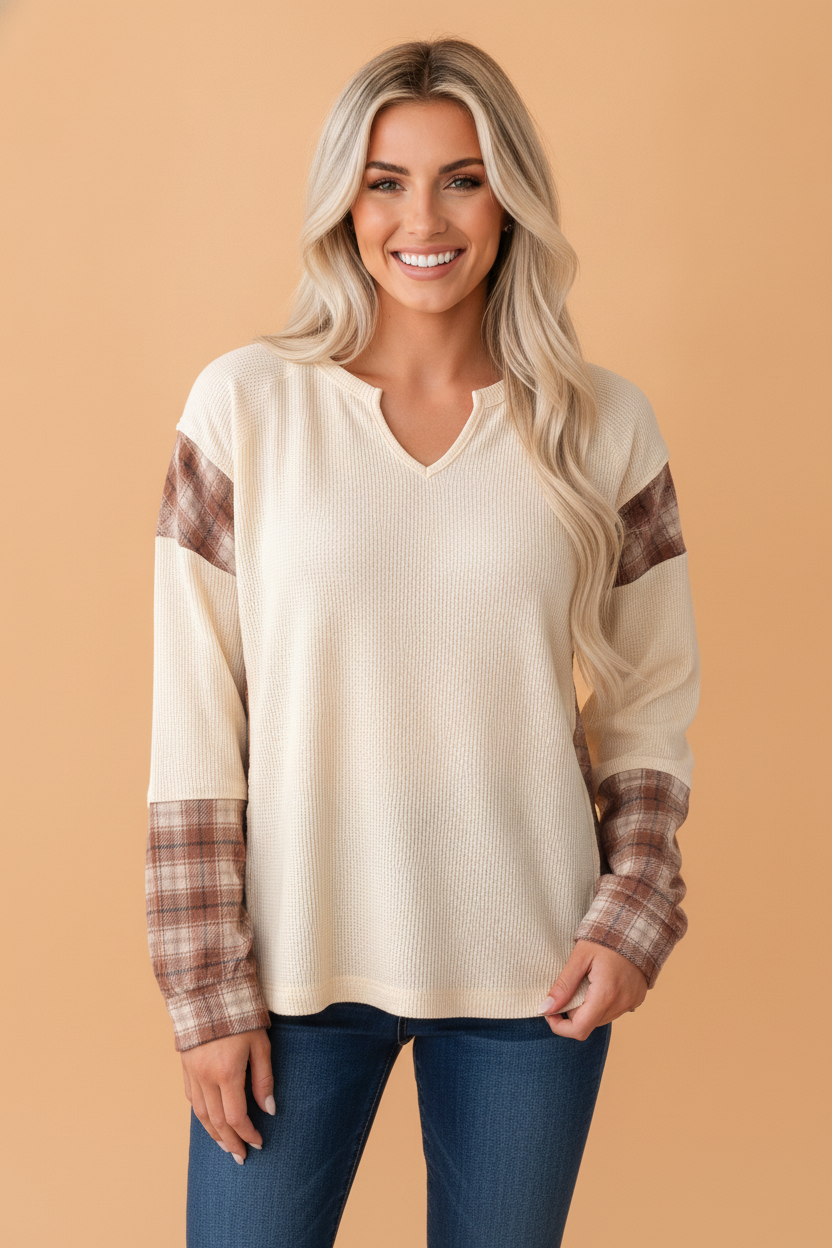 Beige Plaid Patchwork Waffle Knit V-Neck Long Sleeve Top with plaid detail and waffle knit texture women's boutique fashion