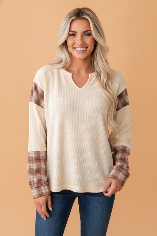 Beige Plaid Patchwork Waffle Knit V-Neck Long Sleeve Top with plaid detail and waffle knit texture women's boutique fashion