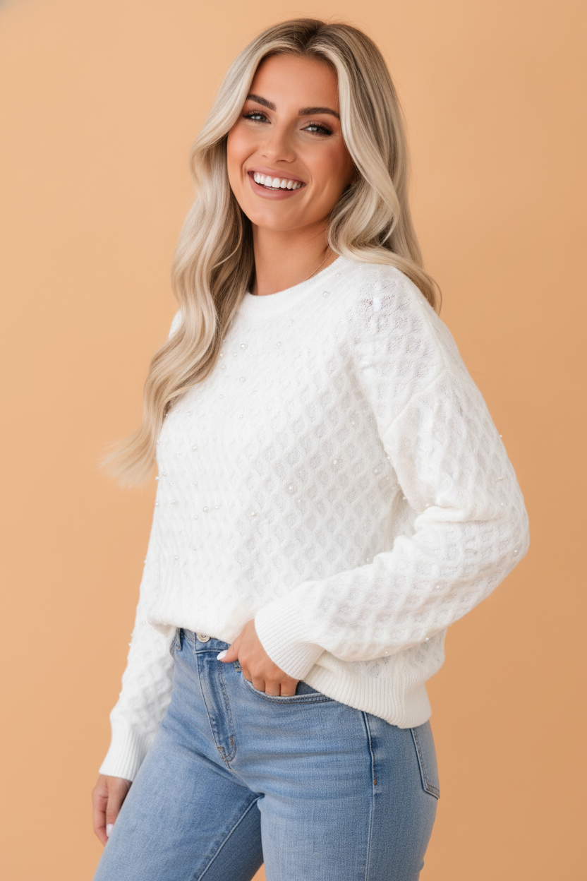 White Solid Pearl Embellished Textured Knit Sweater with pearl embellishments women's boutique fashion