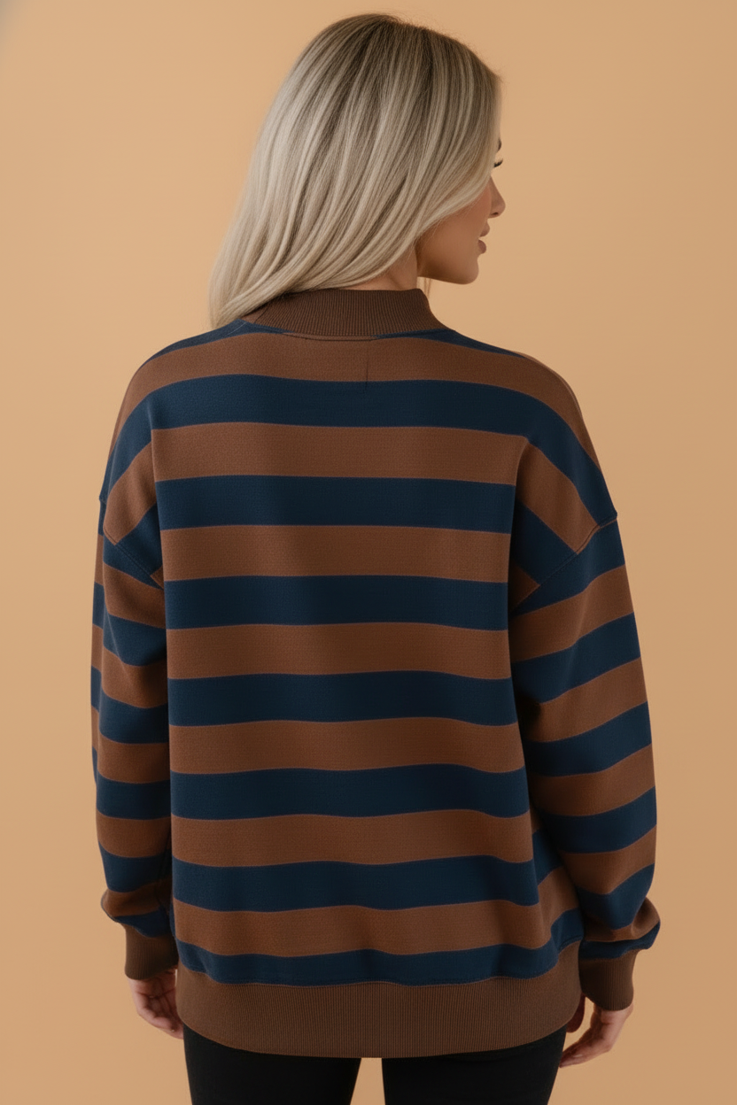 Brown stripe colorblock mock neck sweatshirt with ribbed trim and relaxed boutique fit