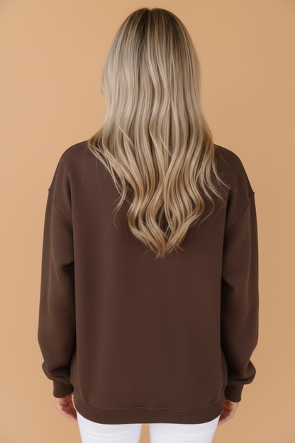 Coffee wWJD embroidered patchwork mock neck sweatshirt with colorful fabric details in boutique style