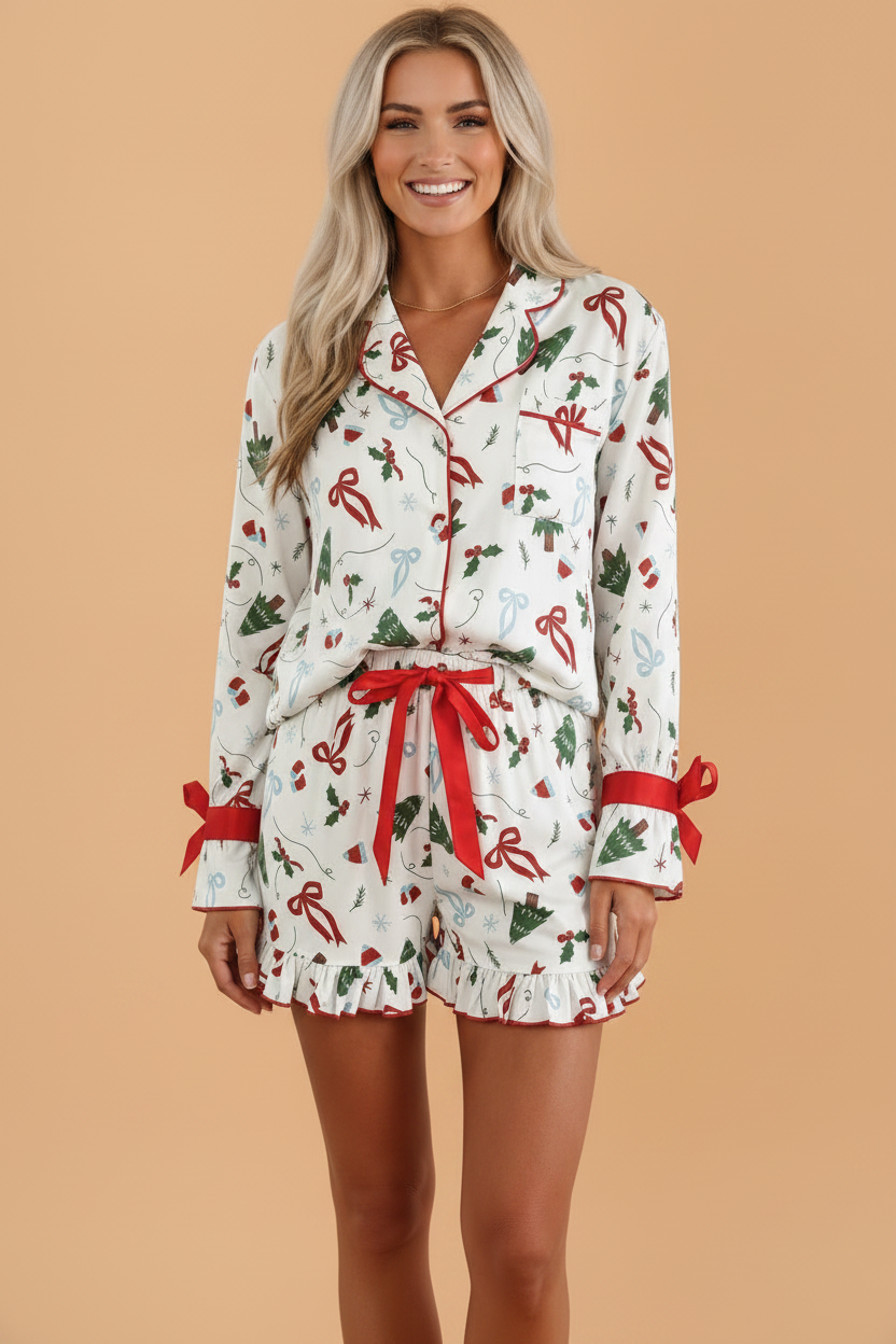 white Christmas pajama set with bow print, ruffle trim and shorts boutique loungewear
