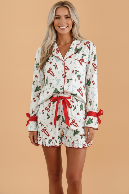 white Christmas pajama set with bow print, ruffle trim and shorts boutique loungewear