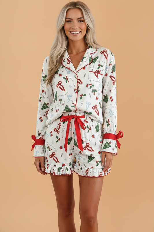 white Christmas pajama set with bow print, ruffle trim and shorts boutique loungewear