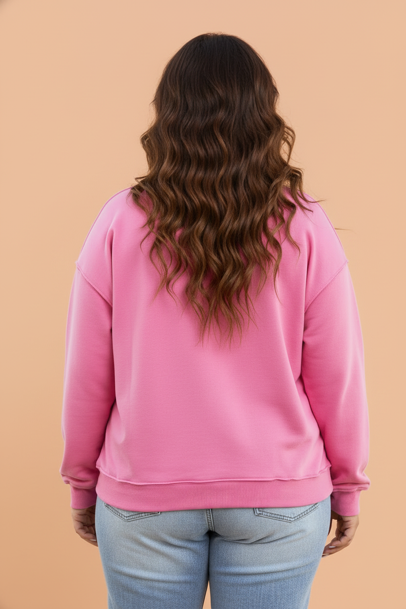 Bright pink plus size reversible mock neck sweatshirt with exposed seams and relaxed drop shoulders, boutique casual top