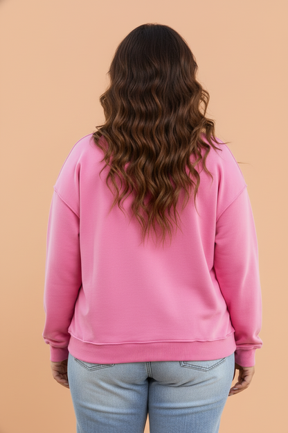 Bright pink plus size reversible mock neck sweatshirt with exposed seams and relaxed drop shoulders, boutique casual top