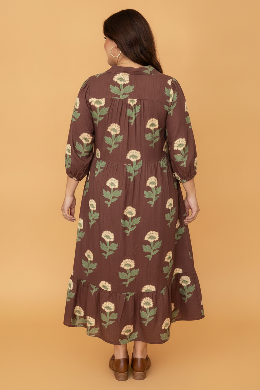 plus size brown floral V-neck long sleeve midi boutique dress