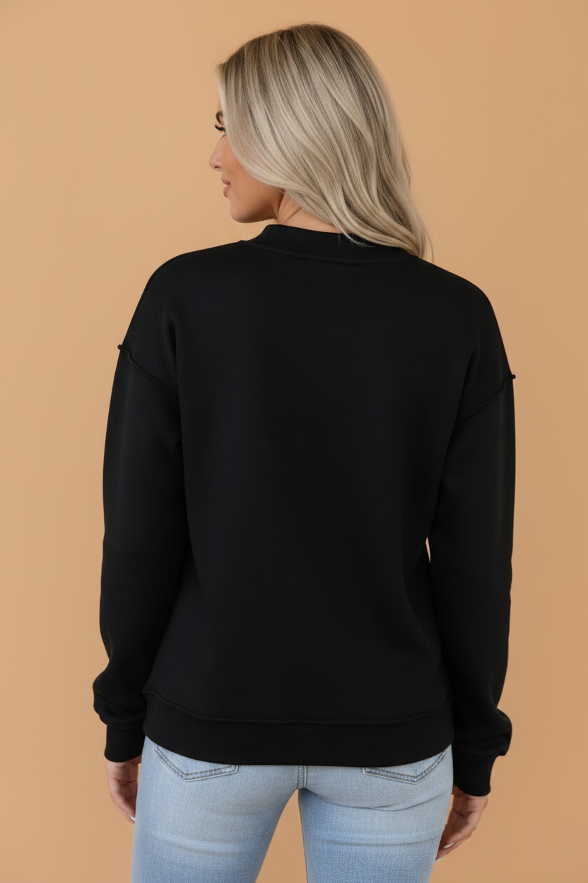 Reversible mock neck drop shoulder oversized sweatshirt with relaxed boutique styling available in Black, Bluing