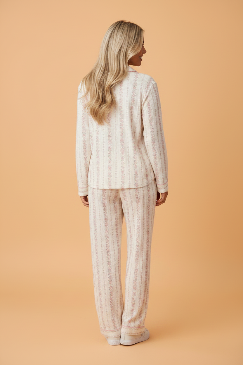 pink floral stripe pajama set with long sleeve button top and drawstring pants boutique loungewear