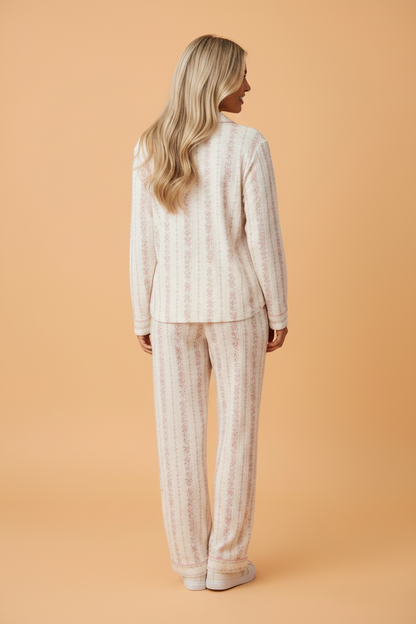 pink floral stripe pajama set with long sleeve button top and drawstring pants boutique loungewear