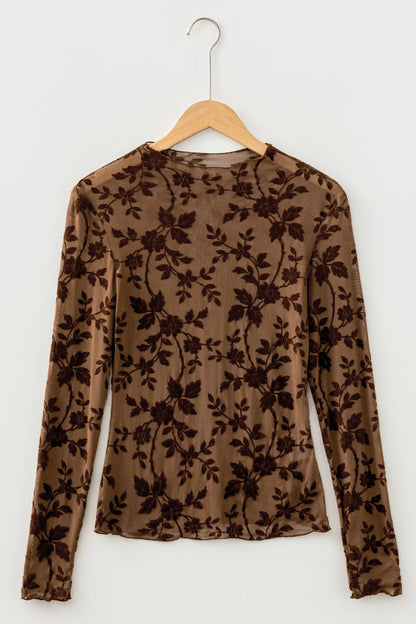 Apricot Floral Velvet Burnout Mesh Long Sleeve Top with floral detail and mesh texture women's boutique fashion