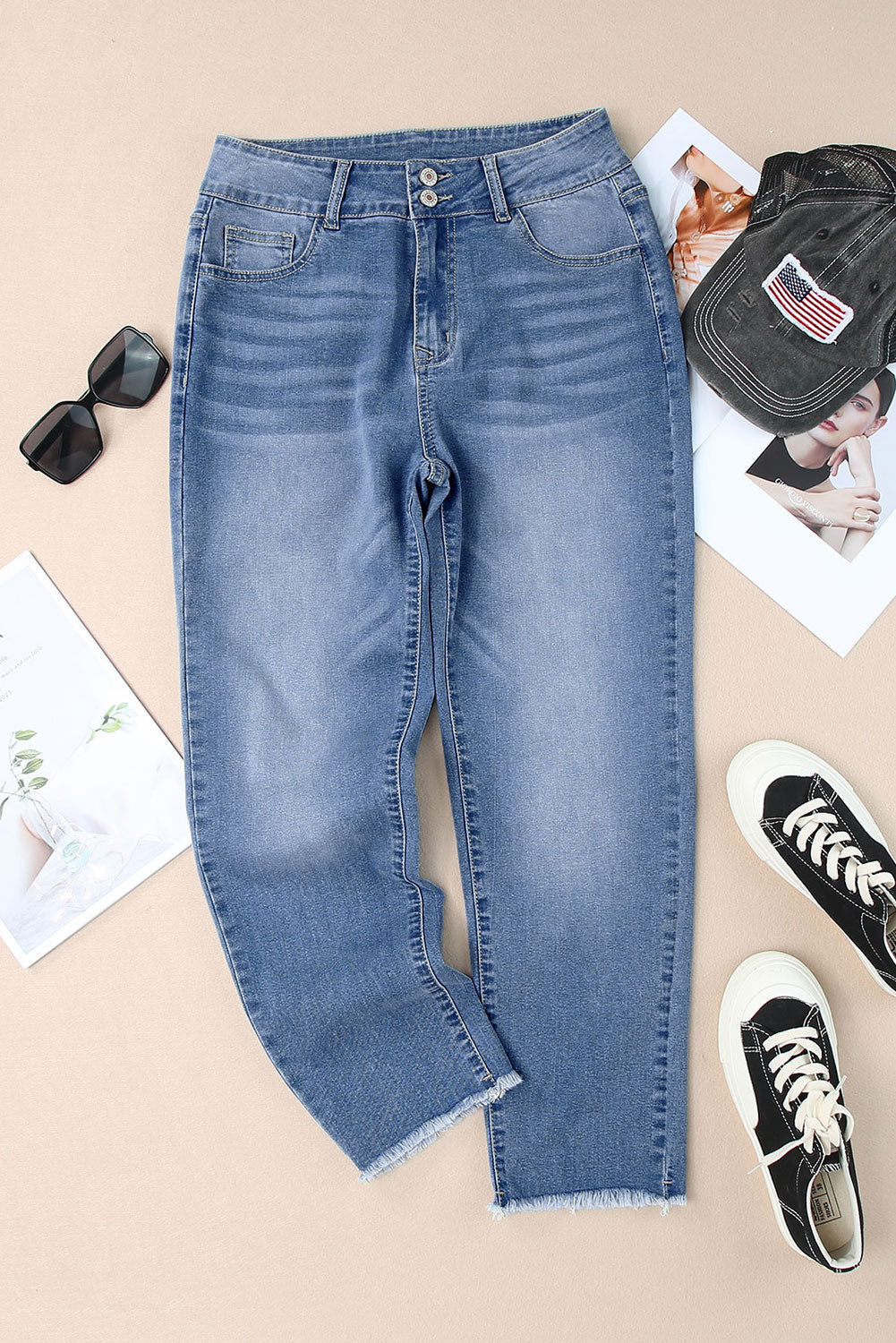 sky blue buttoned high waist raw hem skinny jeans for women