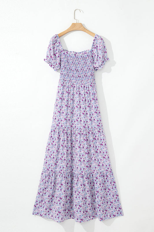Floral Bubble Sleeve Shirred Waist Maxi Dress