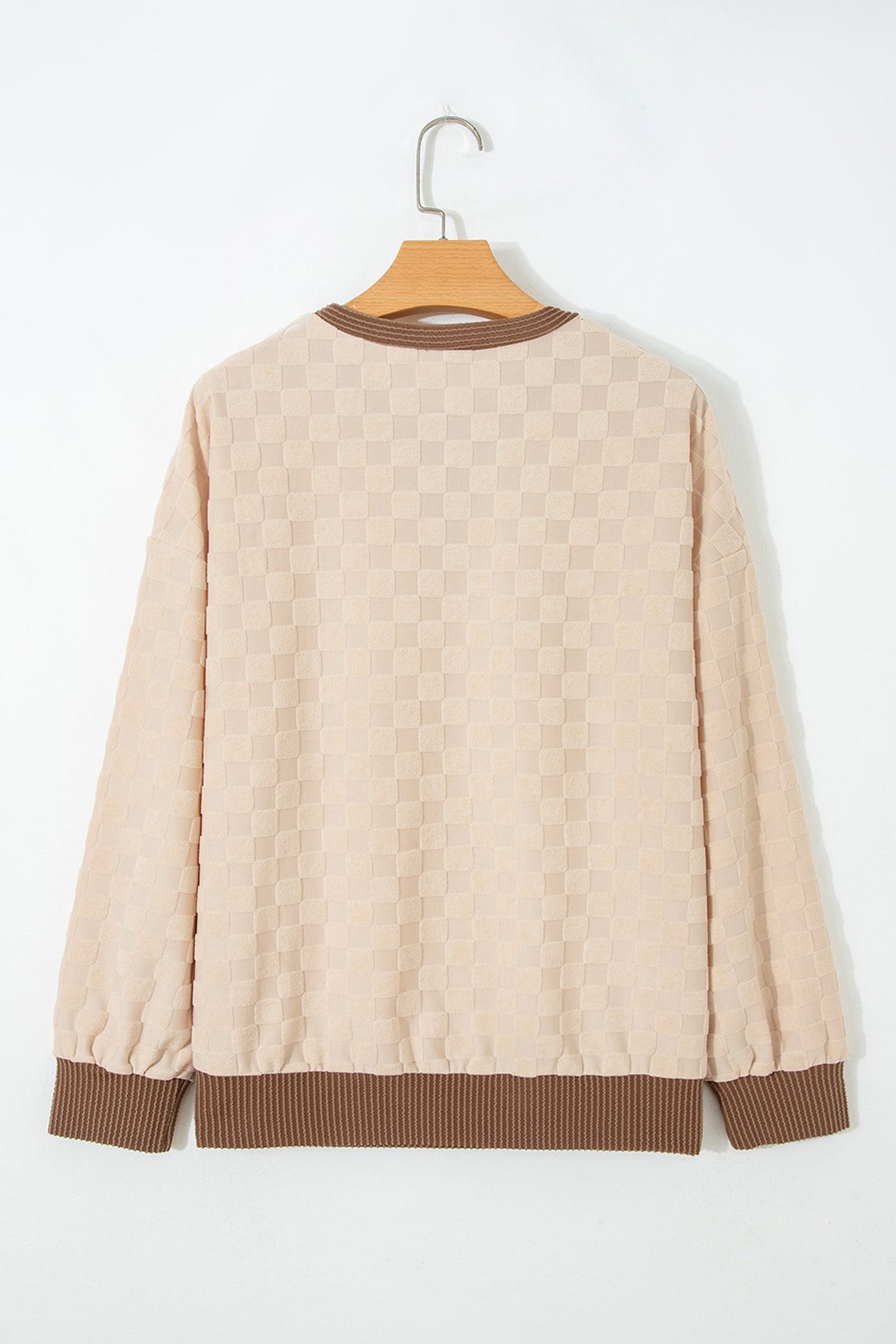 Parchment parchment checker corded knit contrast trim top with boutique fashion styling