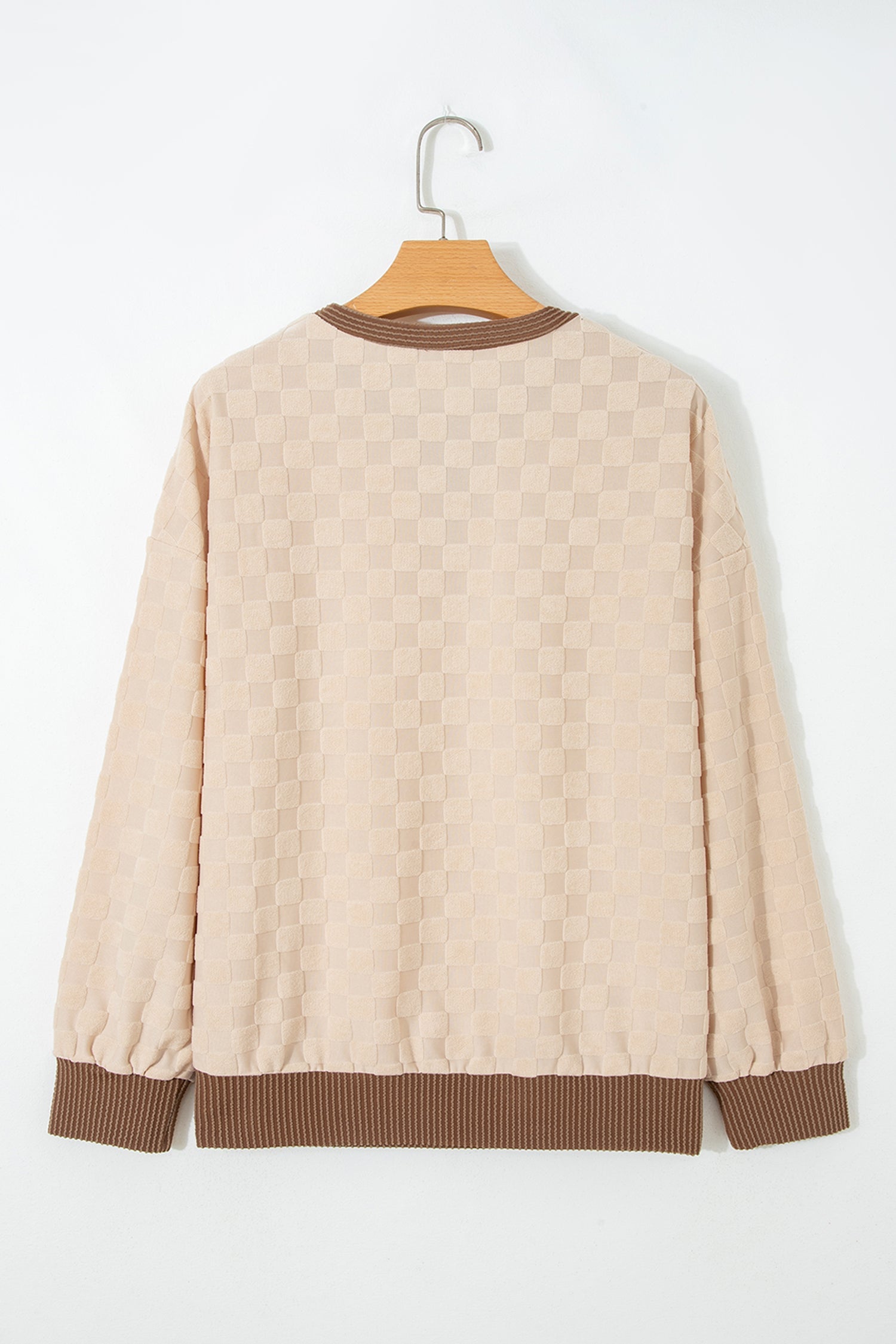 Parchment parchment checker corded knit contrast trim top with boutique fashion styling