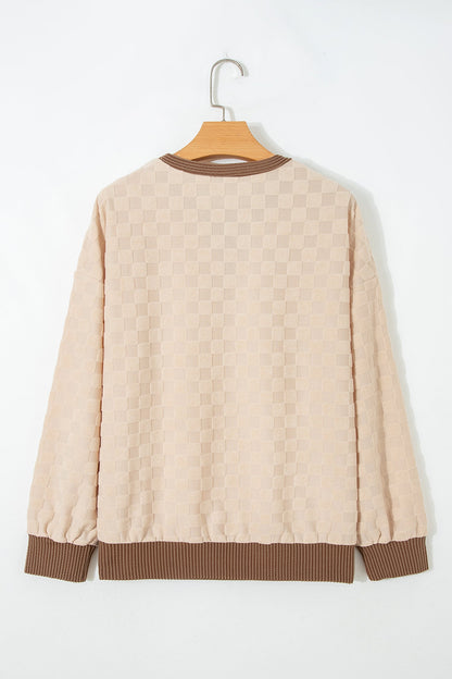 Parchment parchment checker corded knit contrast trim top with boutique fashion styling