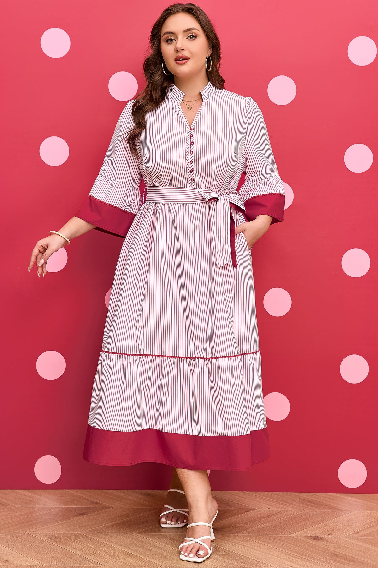 Charlee Hem Pinstriped Midi PLUS Dress boutique clothing from Mollie Mae Boutique