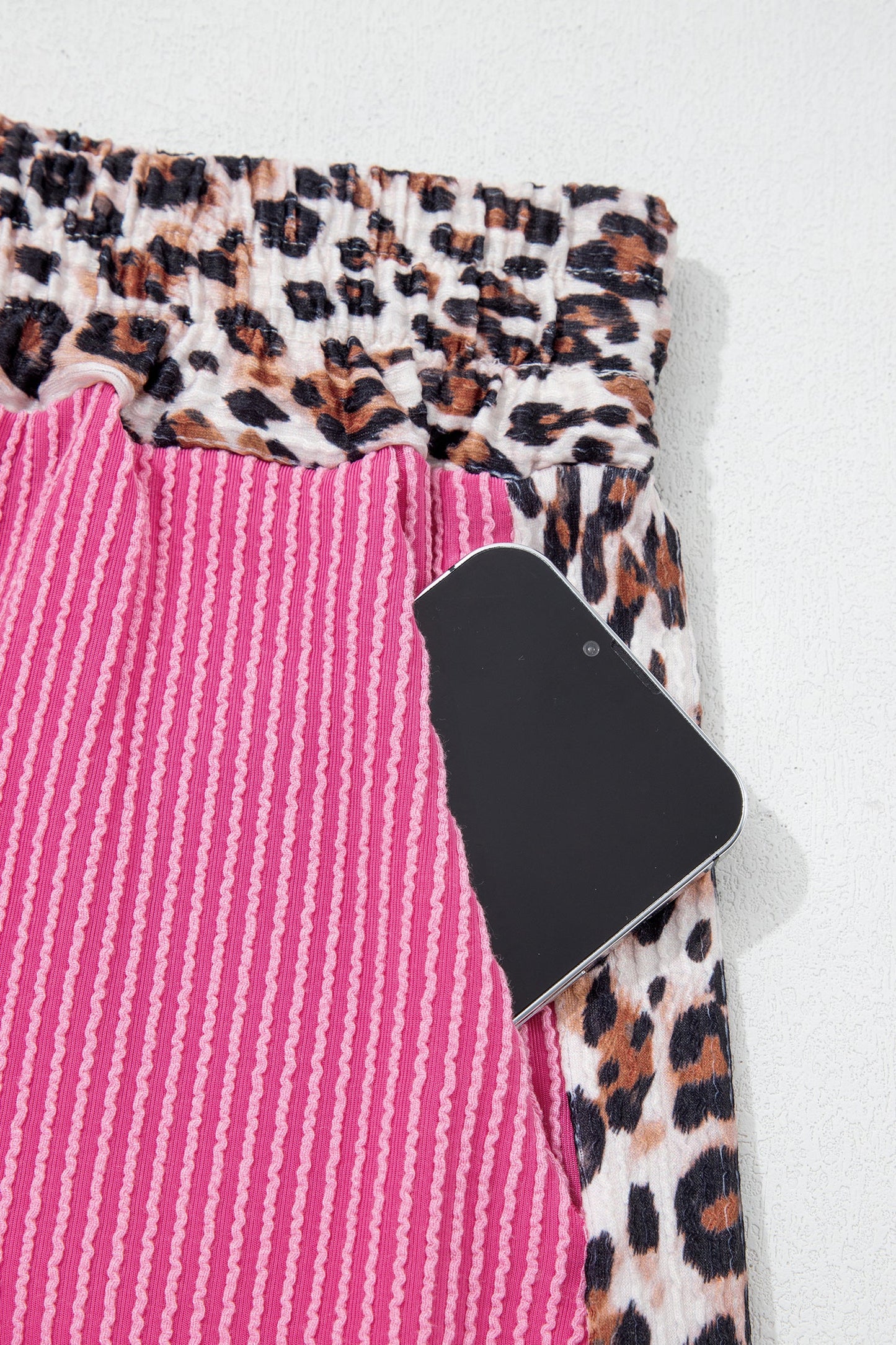Sachet pink corded knit top and shorts set with leopard trim accents and relaxed boutique loungewear style