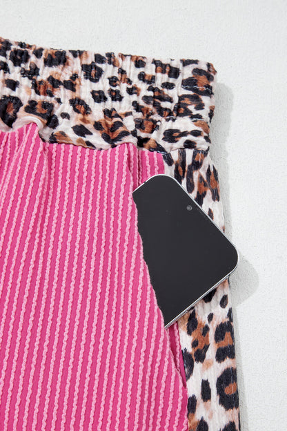 Sachet pink corded knit top and shorts set with leopard trim accents and relaxed boutique loungewear style
