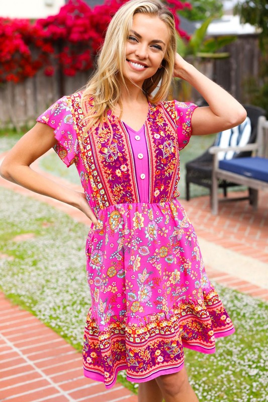 Haptics Fuchsia Boho Floral Button V Neck Ruffle Dress