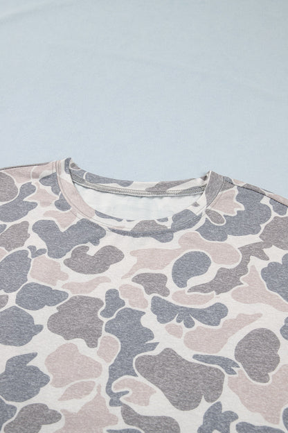 Camo Short Sleeve Drop Shoulder Side Slit Dress
