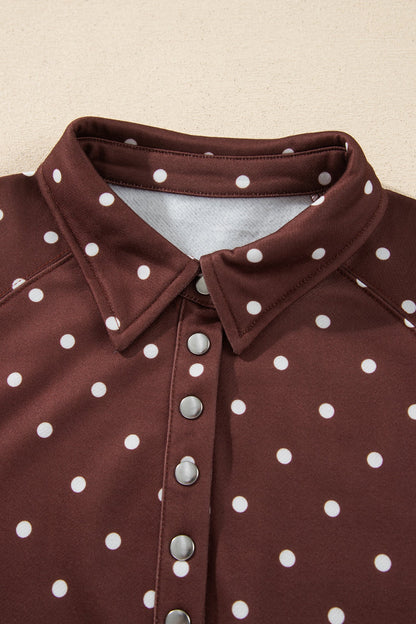 Pink polka dot button collar pullover sweatshirt with polka dot print, metal button collar and ribbed trim, women’s boutique fashion