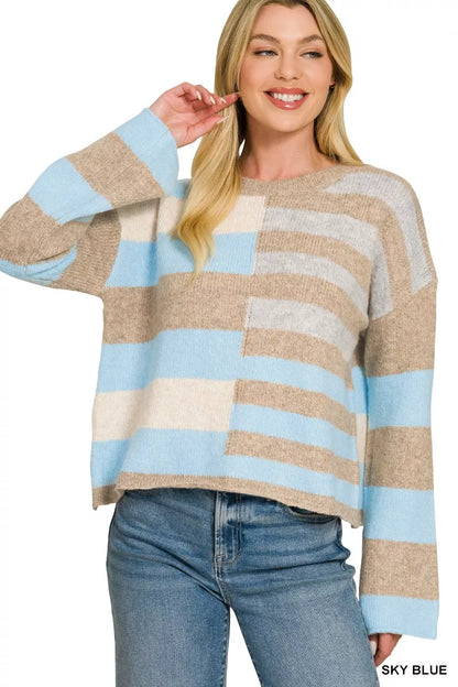 Sky blue color block wool blend sweater with ribbed trim and relaxed fit - view 2