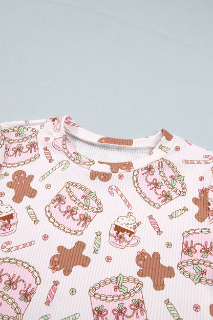 pink Christmas ribbed knit pajama set with gingerbread print and pants boutique loungewear