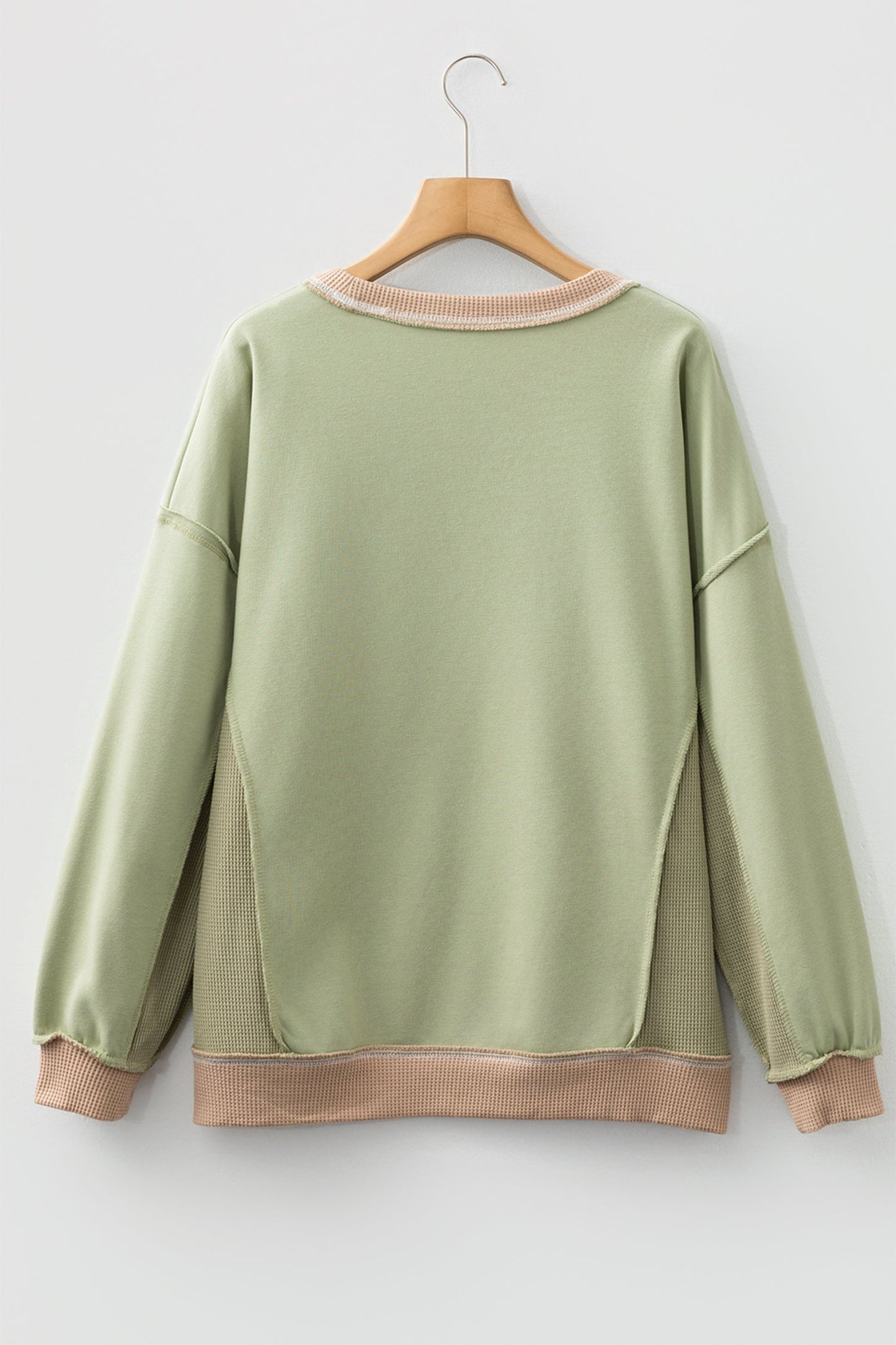 Light Pink, Wild Wind and Smoke Green colorblock waffle knit reverse seam oversized sweatshirt with boutique fashion styling